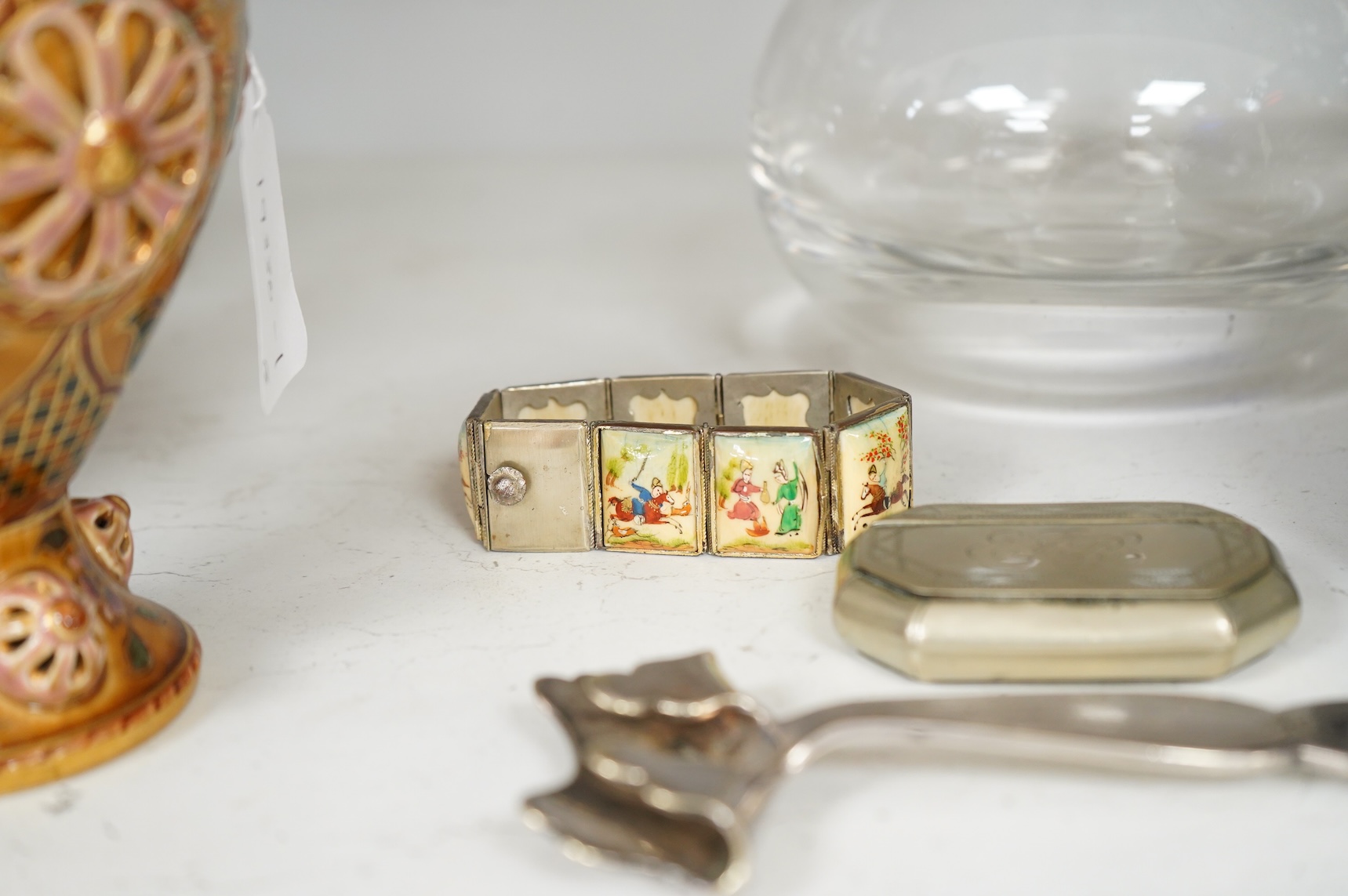 Sundry items to include a cased set of silver salts with glass liners, a Persian panelled bracelet and a glass decanter, largest 23cm high